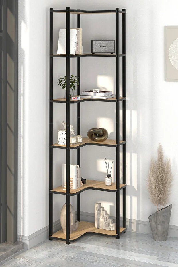 6 Raflı Kitaplık Dekoratif Kitaplık Metal Kitaplık Ofis Kitaplığı Aksesuar Rafı Sardes Safir Meşe